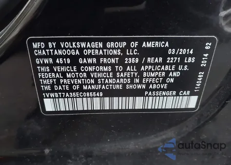 2014 Volkswagen Passat 1.8T Se from USA, damaged, VIN 1VWBT7A35EC085549